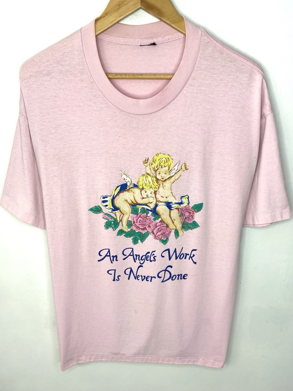 Vintage 90’s An Angel’s Work Is Never Done Pink Single Stitch T Shirt Size L/XL
